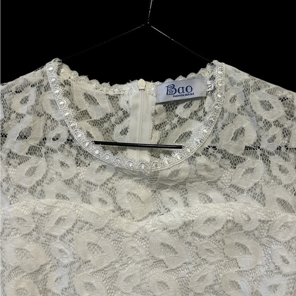 White Lace Midi Dress with Tulle Overlay - Picture 2 of 4